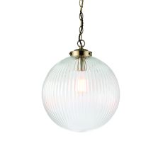Brydon 1 Light E27 Antique Brass Adjustable Pendant With A Ribbed Round 350mm Glass Shade