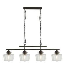 4 Light School House Pendant, Black With Clear Glass
