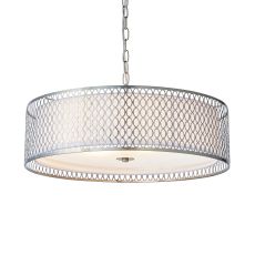 Cordero 5 Light E27 Satin Nickel Adjustable Pendant With White Fabric Inner Shade & Frosted Glass Diffuser