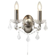 Paris 2 Light Wall Bracket, Clear Crystal Drops & Trim, Satin Silver