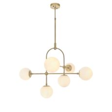 Concetto 6 Light E14 Matt Antique Brass Adjustable Pendant With Opal Glass Globe Shades