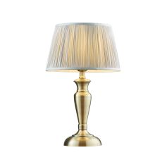 Oslo Medium 1 Light E27 Antique Brass Table Lamp C/W Freya 12" Silver Silk Pleated Shade