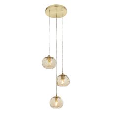 Dimple 3 Light E14 Satin Brass Adjustable Pendant With Champagne Lustre Dimpled Glass Shades