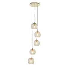 Dimple 5 Light E14 Satin Brass Adjustable Pendant With Champagne Lustre Dimpled Glass Shades