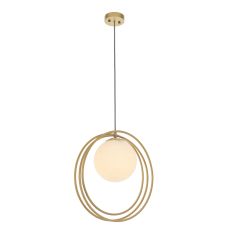 Kauri 1 Light E27 Brushed Gold Loop Single Adjustable Pendant C/W Opal Glass Shade