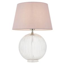 Jemma 1 Light E27 Clear Ribbed Sphere Glass Base With Satin Nickel Table Lamp C/W Evie 14" Pink Cotton Tapered Shade