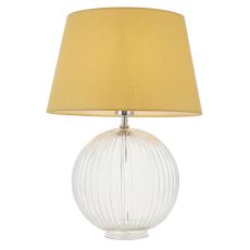Jemma 1 Light E27 Clear Ribbed Sphere Glass Base With Satin Nickel Table Lamp C/W Evie 14" Yellow Cotton Tapered Shade