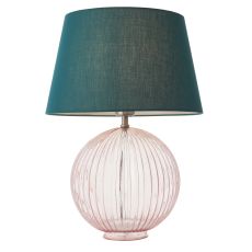 Jemma 1 Light E27  Dusky Pink Tinted Ribbed Sphere Glass Base With Satin Nickel Table Lamp C/W Evie 14" Green Cotton Tapered Shade
