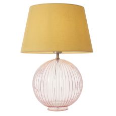 Jemma 1 Light E27  Dusky Pink Tinted Ribbed Sphere Glass Base With Satin Nickel Table Lamp C/W Evie 14" Yellow Cotton Tapered Shade
