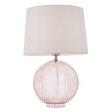 Jemma 1 Light E27 Dusky Pink Ribbed Sphere Glass Base With Satin Nickel Table Lamp C/W Mia 14" Vintage White 100% Linen Tapered Shade