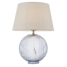 Jemma 1 Light E27 Smokey Grey Tinted Ribbed Sphere Glass Base With Satin Nickel Table Lamp C/W Evie 14" Grey Cotton Tapered Shade