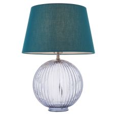 Jemma 1 Light E27 Smokey Grey Tinted Ribbed Sphere Glass Base With Satin Nickel Table Lamp C/W Evie 14" Green Cotton Tapered Shade