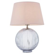 Jemma 1 Light E27 Smokey Grey Tinted Ribbed Sphere Glass Base With Satin Nickel Table Lamp C/W Evie 14" Pink Cotton Tapered Shade