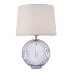 Jemma 1 Light E27 Smokey Grey Tinted Ribbed Sphere Glass Base With Satin Nickel Table Lamp C/W Mia 14" Vintage White 100% Linen Tapered Shade