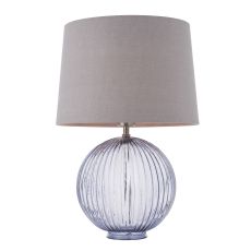 Jemma 1 Light E27 Smokey Grey Tinted Ribbed Sphere Glass Base With Satin Nickel Table Lamp C/W Mia 14" Charcoal 100% Linen Tapered Shade