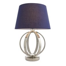 Ritz 1 Light E27 Bright Nickel With Clear Faceted Detail Table Lamp C/W Evie 14" Navy Cotton Tapered Shade