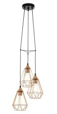 Tarbes 3 Light E27 Copper Adjustable Pendant With Copper Open Style Shade & Black Suspension Cable