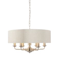 Highclere 6 Light E14 Brushed Chrome Ceiling Pendant C/W Natural 100% Linen Fabric Shade With Brushed Metallic Inner