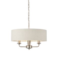 Highclere 3 Light E14 Brushed Chrome Ceiling Pendant C/W Natural 100% Linen Fabric Shade With Brushed Metallic Inner