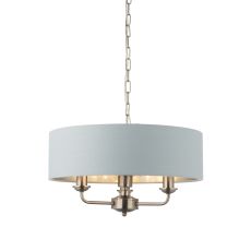 Highclere 3 Light E14 Brushed Chrome Ceiling Pendant C/W Duck Egg Linen Mix Fabric Shade With Brushed Metallic Inner