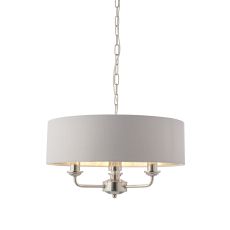 Highclere 3 Light E14 Bright Nickel Ceiling Pendant C/W Silver Linen Mix Fabric Shade With Brushed Metallic Inner