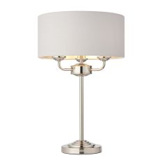 Highclere 3 Light E14 Bright Nickel Table Lamp C/W Silver Linen Mix Fabric Shade With Brushed Metallic Inner