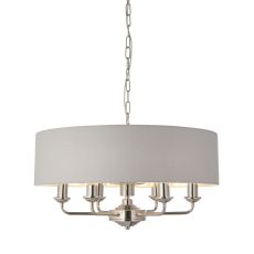 Highclere 6 Light E14 Bright Nickel Ceiling Pendant C/W Silver Linen Mix Fabric Shade With Brushed Metallic Inner