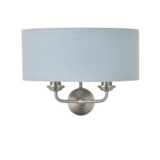 Highclere 2 Light E14 Brushed Chrome Wall Light C/W Duck Egg Linen Mix Fabric Shade With Brushed Metallic Inner