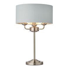 Highclere 3 Light E14 Brushed Chrome Table Lamp C/W Duck Egg Linen Mix Fabric Shade With Brushed Metallic Inner