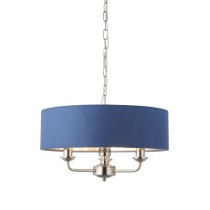 Highclere 3 Light E14 Bright Nickel Ceiling Pendant C/W Midnight Blue Linen Mix Fabric Shade With Brushed Metallic Inner