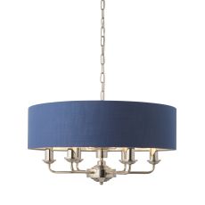 Highclere 6 Light E14 Bright Nickel Ceiling Pendant C/W Midnight Blue Linen Mix Fabric Shade With Brushed Metallic Inner