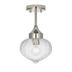 Addington 1 Light E27 Bright Nickel Semi Flush Fitting With Clear Ribbed Glass Shade