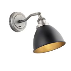 Franklin 1 Light E14 Aged Pewter Adjustable Switched Wall Light With Matt Black Rolled Edge Metal Shade
