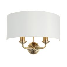 Highclere 2 Light E14 Antique Brass Wall Light C/W Vintage White Fabric Shade With Gold Metallic Inner