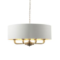 Highclere 8 Light E14 Antique Brass Ceiling Pendant C/W Vintage White Fabric Shade With Gold Metallic Inner