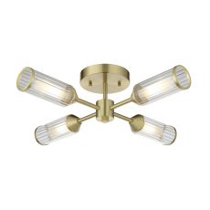 Duomo 4 Light G9 Satin Brass Semi Flush Pendant With Ribbed & Frosted Glass Shades