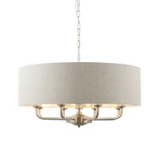 Highclere 8 Light E14 Brushed Chrome Ceiling Pendant C/W Natural 100% Linen Fabric Shade With Brushed Metallic Inner