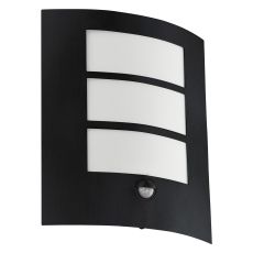 City 1 Light E27 Outdoor IP44 PIR Sensor Black Wall Light With Plastic White Diffuser