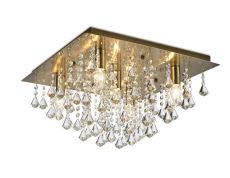 Acton Flush Ceiling 5 Light E14, 460mm Square, Antique Brass/Prism Crystal