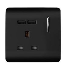 Trendi, Artistic Modern 1 Gang 13Amp Switched Socket WIth 2 x USB Ports Gloss Black Finish, BRITISH MADE, (35mm Back Box Required), 5yrs Warranty