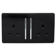 Trendi, Artistic Modern 2 Gang 13Amp Long Switched Double Socket Gloss Black Finish, BRITISH MADE, (25mm Back Box Required), 5yrs Warranty