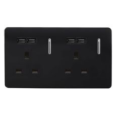 Trendi, Artistic Modern 2 Gang 13Amp Switched Double Socket With 4X 2.1Mah USB Gloss Black Finish, BRITISH MADE, (45mm Back Box Required) 5yrs Wrnty