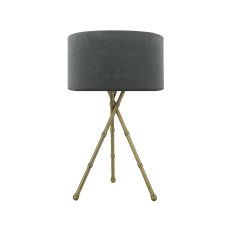 Bamboo 1 Light E27 Antique Brass Tripod Table Lamp With Inline Switch C/W Akavia Grey Velvet Drum Shade With Self Coloured Cotton Lining