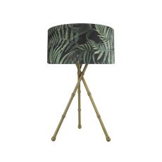 Bamboo 1 Light E27 Antique Brass Tripod Table Lamp With Inline Switch C/W Bamboo Green Leaf Cotton 35cm Drum Shade