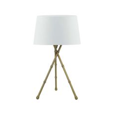 Bamboo 1 Light E27 Antique Brass Tripod Table Lamp With Inline Switch C/W Cezanne White Faux Silk Tapered 35cm Drum Shade