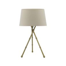 Bamboo 1 Light E27 Antique Brass Tripod Table Lamp With Inline Switch C/W Cezanne Taupe Faux Silk Tapered 35cm Drum Shade