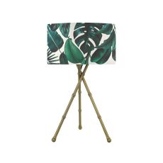 Bamboo 1 Light E27 Antique Brass Tripod Table Lamp With Inline Switch C/W Filip Green Palm Print Drum Shade With A White Diffuser