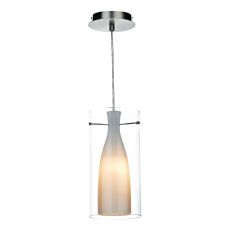 Boda 1 Light E27 Satin Chrome Adjustable Pendant With Clear Glass Shade With Opal White Inner Shade