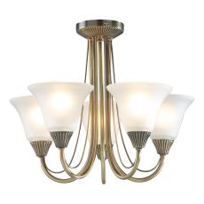Boston 5 Light E14 Antique Brass Semi Flush Ceiling Fitting With Opaque Glass Shades