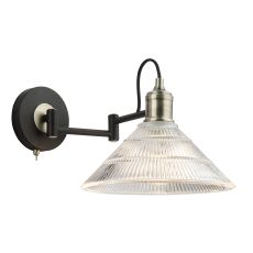 Boyd 1 Light E27 Antique Brass & Matt Black Swing Arm Wall Light With Toggle Switch & With Clear Glass Glass Shade